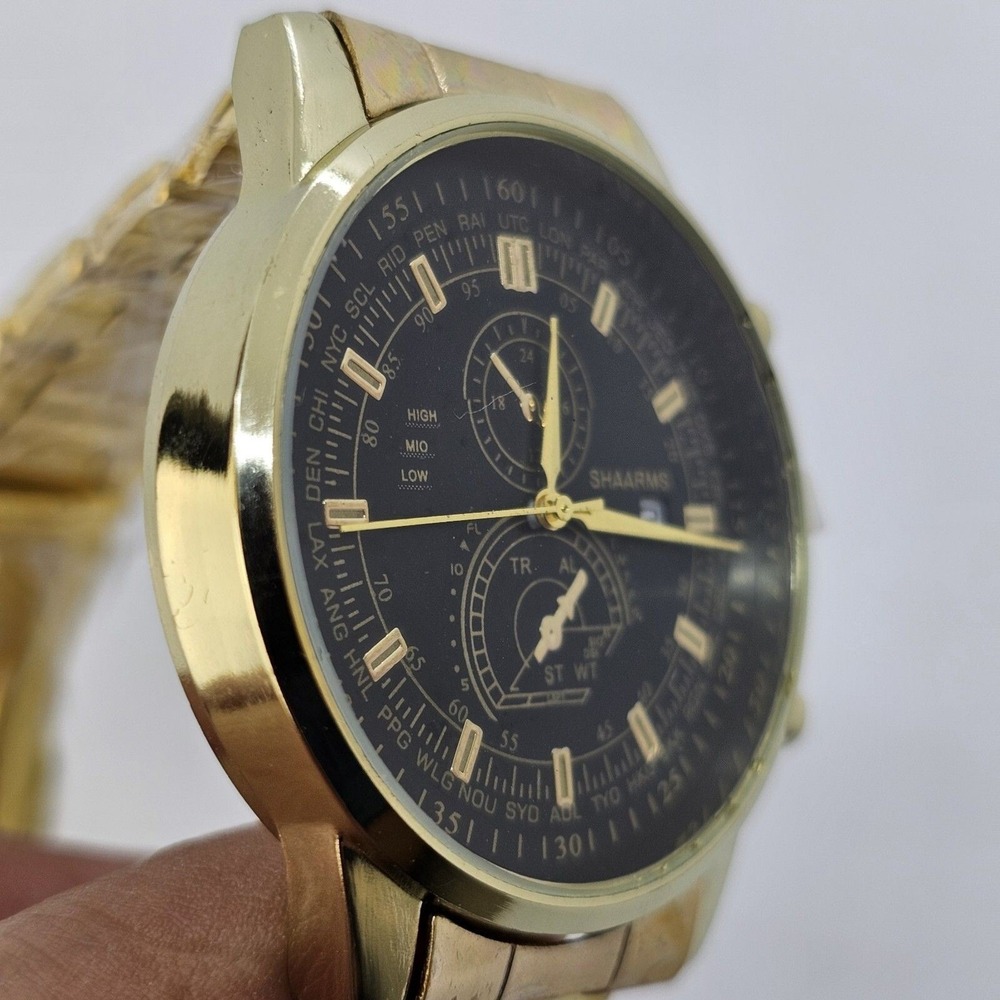 Men's 2PC Watch Bracelet Set 41MM Black Dial Date Gold Bracelet Band 7" Wrist - Picture 4 of 14